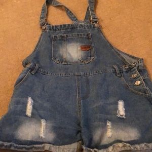 Distressed overall shorts